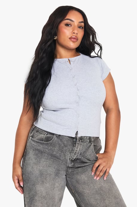 Plus Rib Button Through Cap Sleeve Top - Image 1