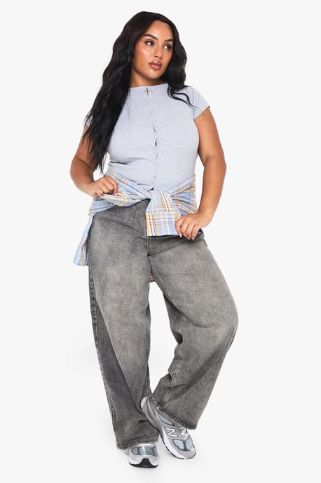 Plus Rib Button Through Cap Sleeve Top - Image 3