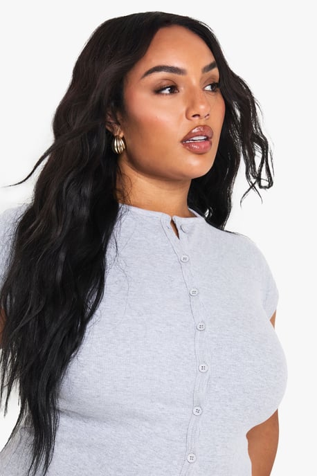 Plus Rib Button Through Cap Sleeve Top - Image 4
