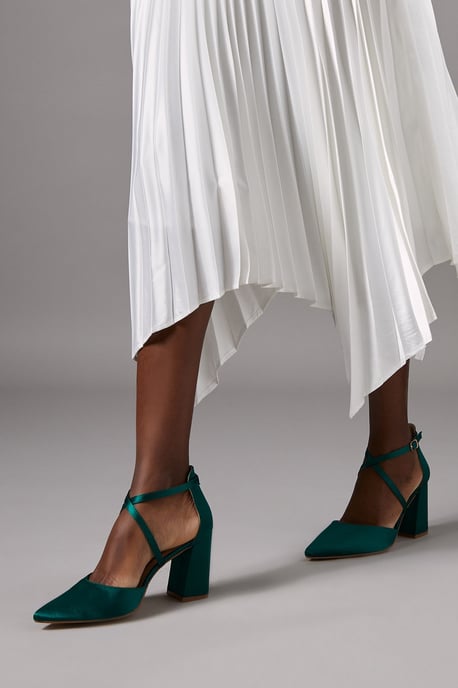 Wide Fit Treat Satin Cross Strap Pointed Block Heel Court Shoes - Image 3