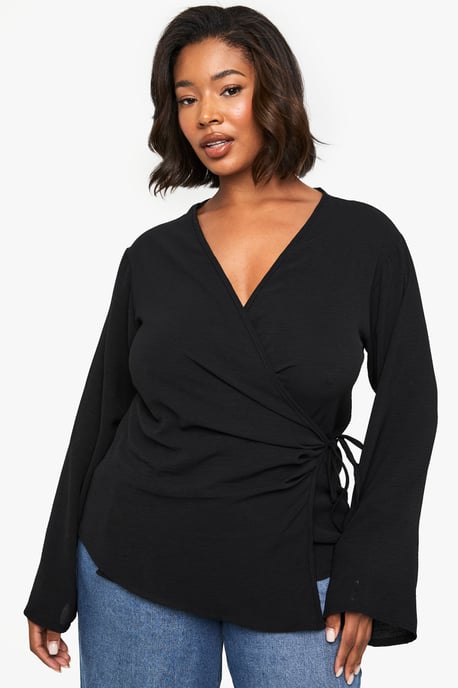PLUS LONG SLEEVE ASYMETRIC TIE FRONT SHIRT - Image 1