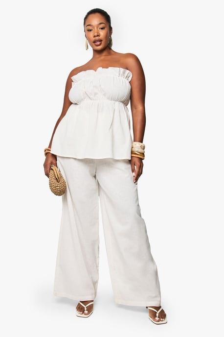 Plus Linen Look Longline Bandeau And Wide Leg Trouser Co-Ord - Image 1