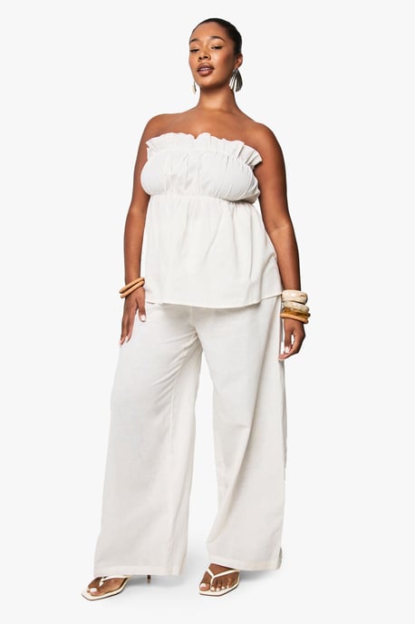 Plus Linen Look Longline Bandeau And Wide Leg Trouser Co-Ord - Image 3