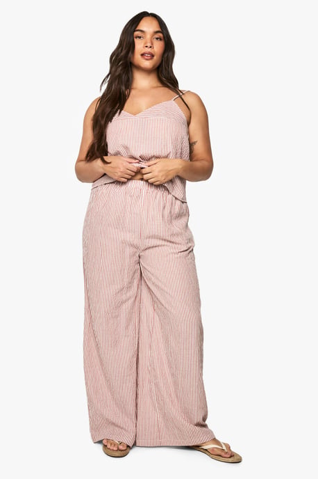 Plus Woven Stripe Elasticated Waist Wide Leg Trouser - Image 1