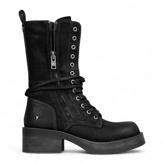 Windsorsmith Womens Black Suede Combat Boots Mid-Calf Lace-Up Biker Shoes - Gather - Image 1