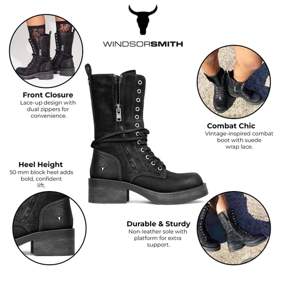 Windsorsmith Womens Black Suede Combat Boots Mid-Calf Lace-Up Biker Shoes - Gather - Image 2