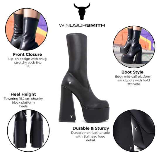 Windsorsmith Dames Zwarte Mid-Calf Sock Platform Goth Hak Laarzen - Saviour - Image 2