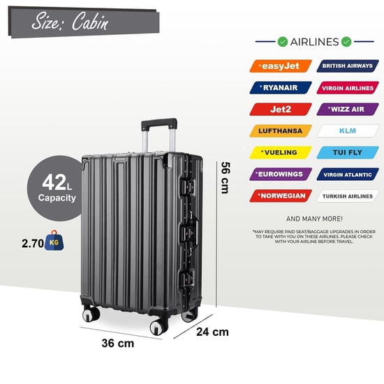 Hardshell Charcoal Black Suitcase Robust 8 Wheel Luggage Cabin Case Bag - Image 5