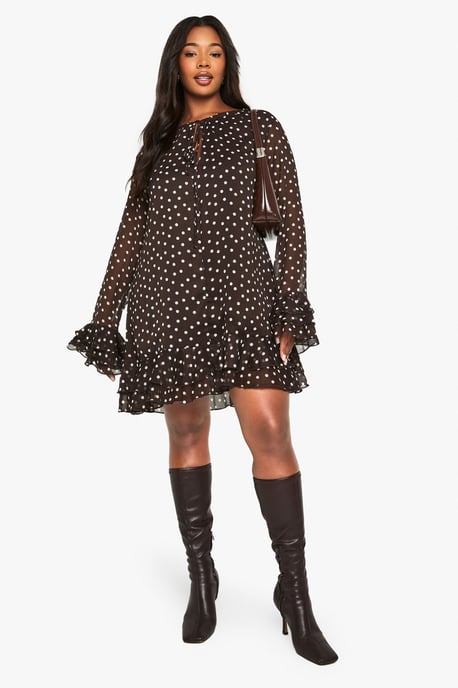 Plus Polka Dot Chiffon Smock Dress - Image 1