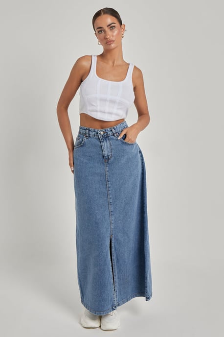Denim Split Front Maxi Skirt - Image 1