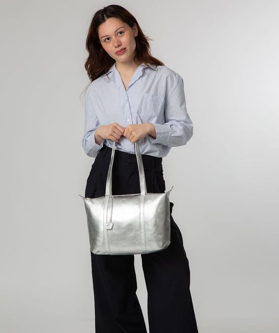 'Leonor' Metallic Silver Leather Tote Bag - Image 1