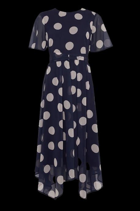Navy Spot Chiffon Twist Front Midi Dress - Image 2