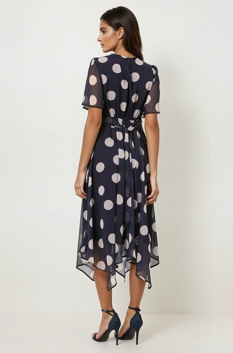 Navy Spot Chiffon Twist Front Midi Dress - Image 3