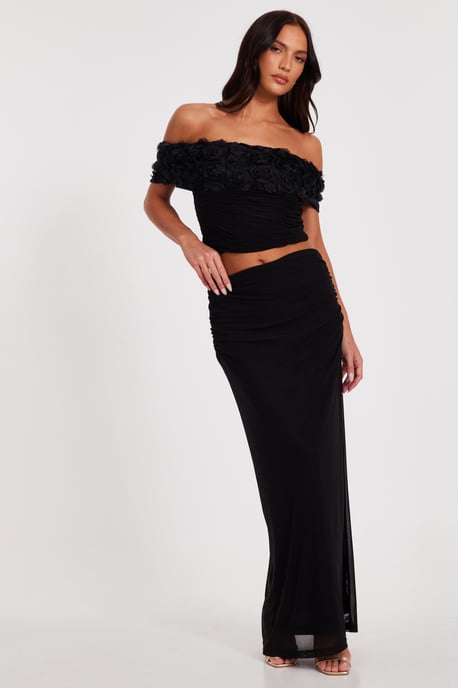 Black Mesh Ruched Midaxi Skirt - Image 1