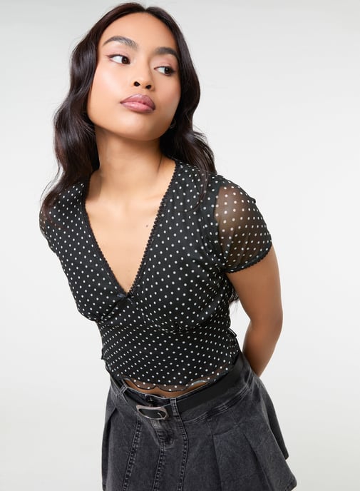 Polka Dot Mesh Cap Sleeve Crop Top - Image 1