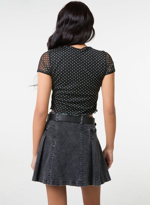 Polka Dot Mesh Cap Sleeve Crop Top - Image 4