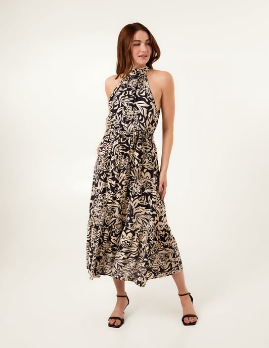 Tropical Print Halter Neck Belted Waist Midi Dress - Image 2