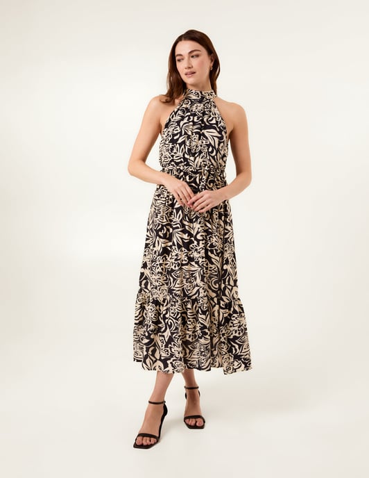 Tropical Print Halter Neck Belted Waist Midi Dress - Image 4