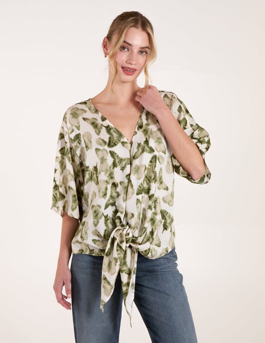 Tie Front Watercolour Butterfly Printed Top - Image 1