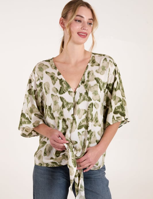 Tie Front Watercolour Butterfly Printed Top - Image 3