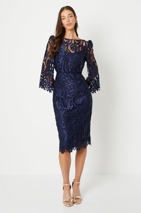 Satin Lace Boat Neck Midi Dress With Fluted Sleeve - Image 1
