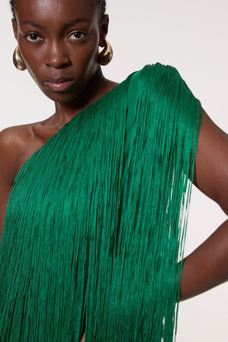 Petite Figure Form Bandage One Shoulder Fringe Mini Knit Dress - Image 2