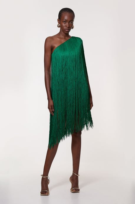 Petite Figure Form Bandage One Shoulder Fringe Mini Knit Dress - Image 3