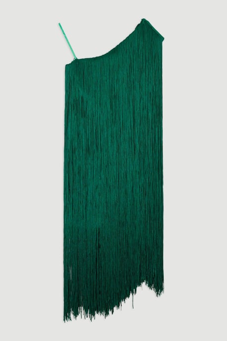 Petite Figure Form Bandage One Shoulder Fringe Mini Knit Dress - Image 4