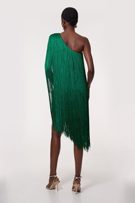 Petite Figure Form Bandage One Shoulder Fringe Mini Knit Dress - Image 5