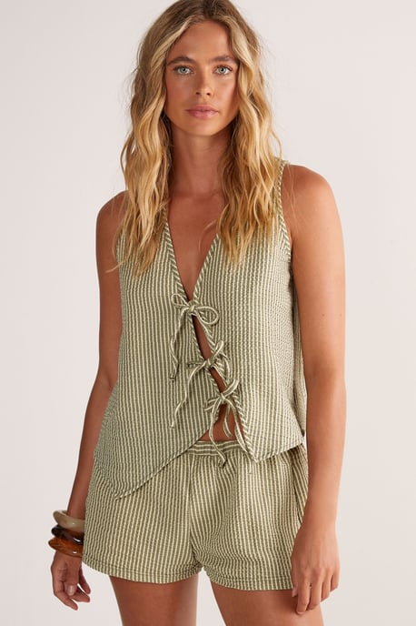Textured Stripe Asymmetric Tie Front Vest - Image 1