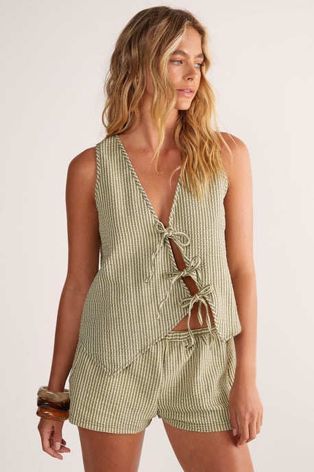 Textured Stripe Asymmetric Tie Front Vest - Image 3