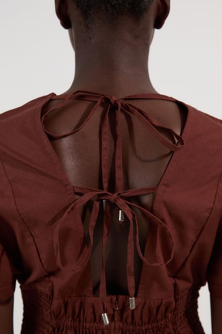 Shirred Cotton Woven Plunge Neck Short Sleeve Top - Image 3