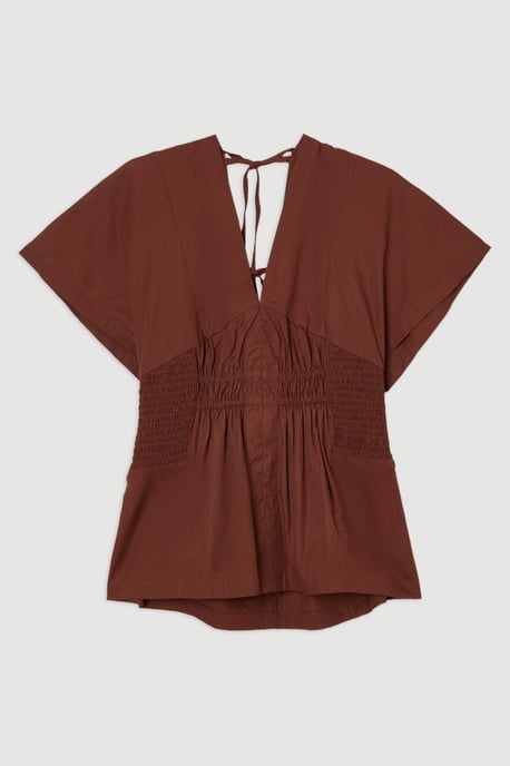 Shirred Cotton Woven Plunge Neck Short Sleeve Top - Image 4