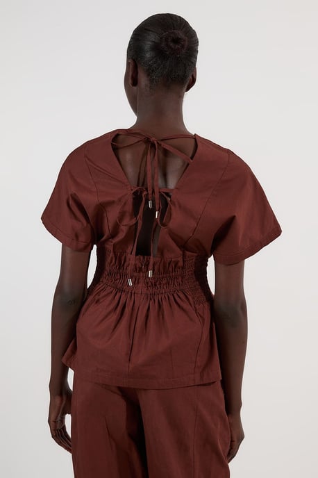 Shirred Cotton Woven Plunge Neck Short Sleeve Top - Image 5
