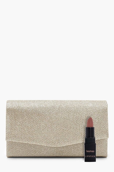 Structured Glitter Clutch Bag & Chain - Image 4