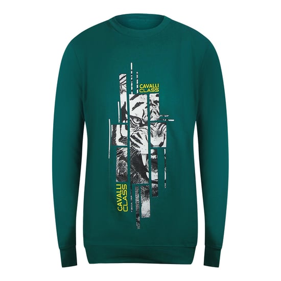 Cavalli Class Splintered Tiger Graphic Green Ottanio Sweatshirt - Image 1