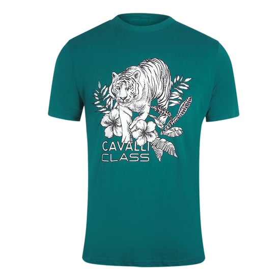 Cavalli Class Tiger Floral Logo Green T-shirt - Image 1
