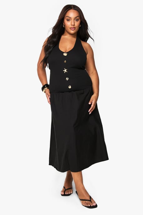 Plus Starfish Gold Trim Rib Poplin Mix Midaxi Dress - Image 1