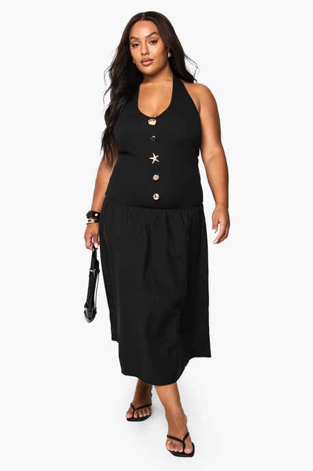 Plus Starfish Gold Trim Rib Poplin Mix Midaxi Dress - Image 3