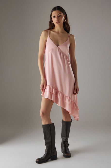 Satin Asymmetric Ruffle Mini Strappy Dress - Image 1