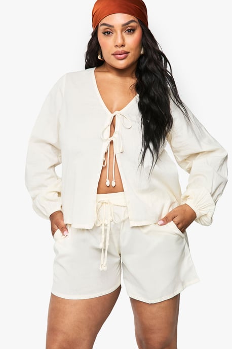Plus Shell Trim Tie Front Beach Co Ord - Image 1