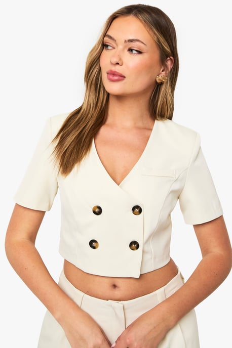 Contrast Button Collarless Cropped Blazer - Image 1