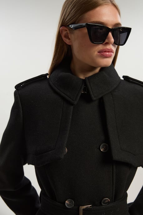 Wool Pu Mix Tailored Belted Trench Maxi Coat - Image 2