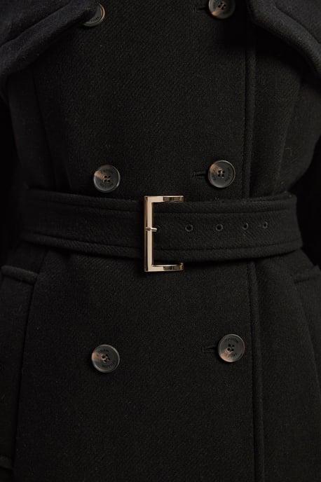 Wool Pu Mix Tailored Belted Trench Maxi Coat - Image 3