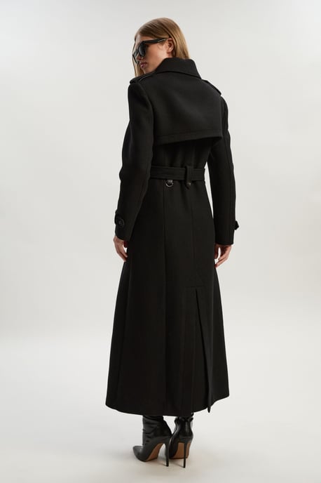 Wool Pu Mix Tailored Belted Trench Maxi Coat - Image 5