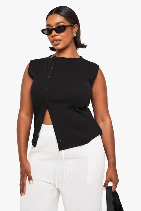 Plus Asymmetric Button Down Sleeveless Top - Image 1