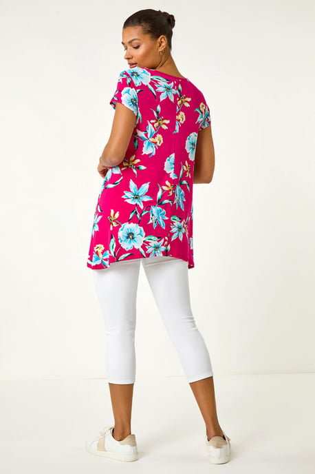 Floral Print Hanky Hem Stretch Tunic Top - Image 3