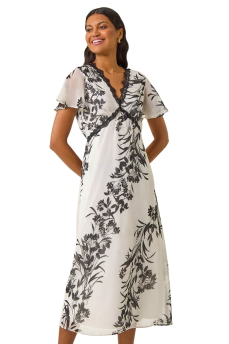 Lace Trim V-Neck Chiffon Midi Dress - Image 1