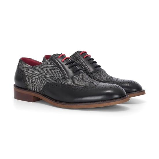 Justin Reess Heren Zwarte Leren Tweed Brogue Schoenen - Albert - Image 3