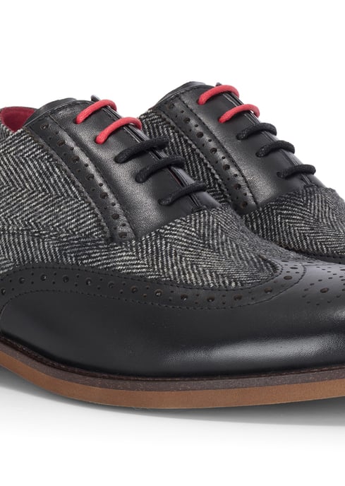 Justin Reess Heren Zwarte Leren Tweed Brogue Schoenen - Albert - Image 4